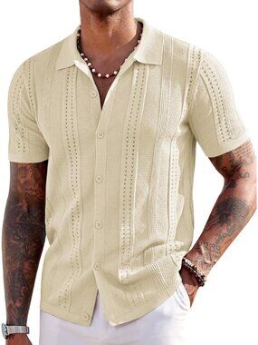Men's Cream Knit Short Sleeve Button Down Polo Casual Summer Beach Shirt